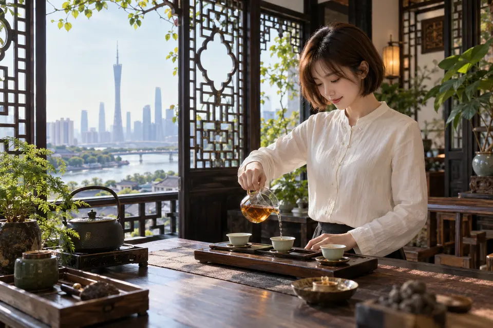 岭南花窗前的冲泡空间，公道杯与茶席摆放整齐