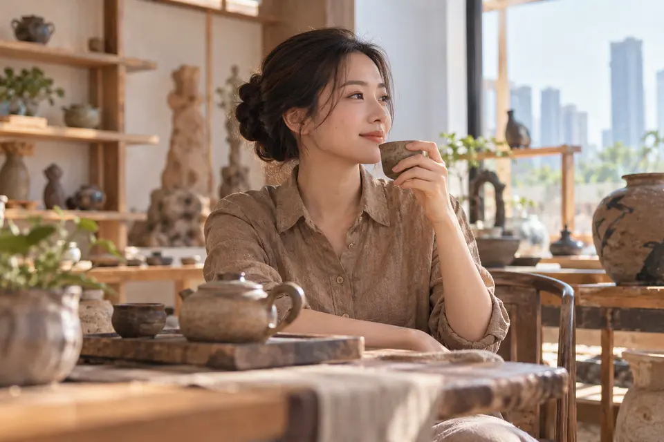 陶艺茶器工作室中的茶杯与陶制器具