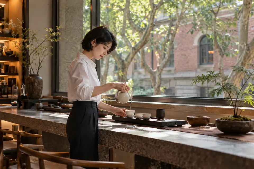 都市街区茶室中倒茶的瞬间，白瓷茶具